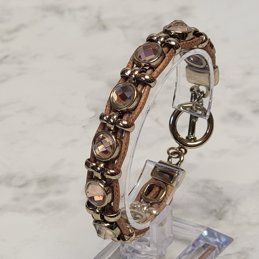 Boho Rhinestone Wristband Bracelet‎ Beige Pink Gold Tone Multi Strand Earthy